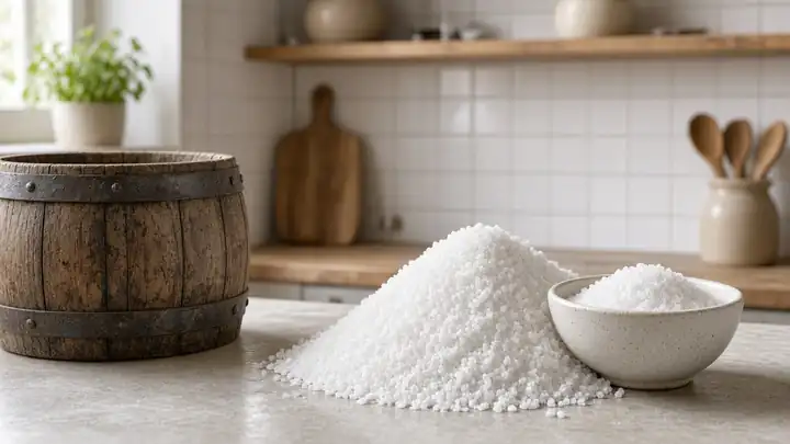 Деревянная бочка, крупная соль и керамическая миска